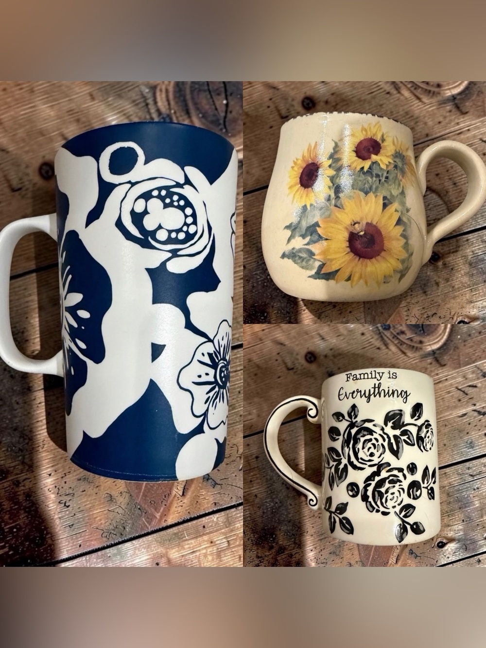 Floral Mug Lot of 3 Navy Bold Bloom Sunflower Black Rose Cottagecore Coffee Cup